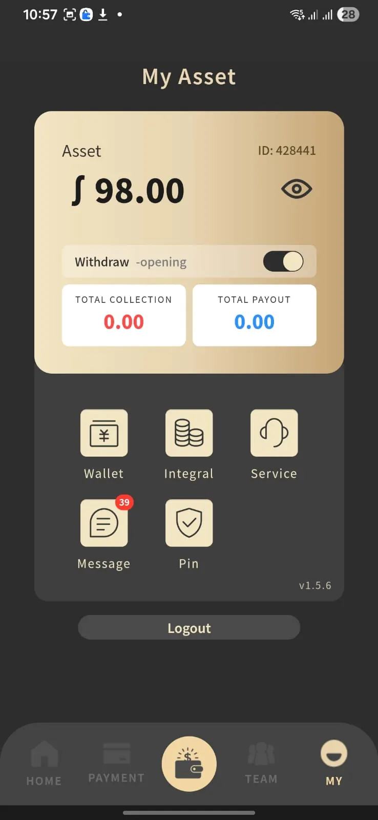 Alpha Pay asset center screenshot